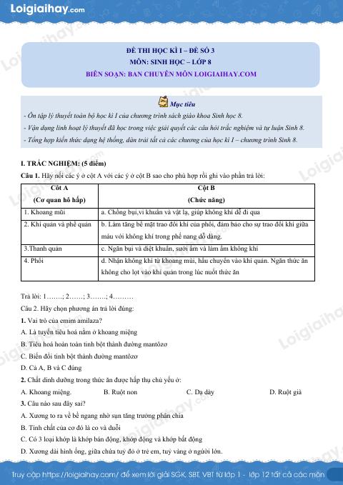 Đề số 3 - Đề kiểm tra học kì 1 - Sinh học 8